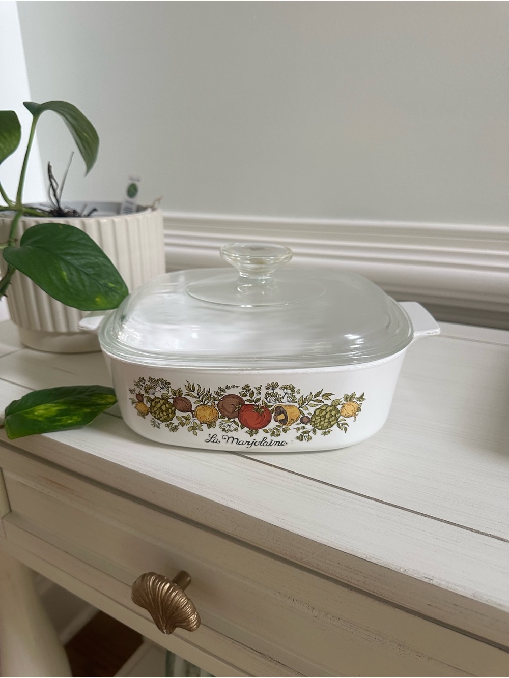 Vintage Corningware Casserole with Fruit & Floral Decal and Clear Lid Pyrex